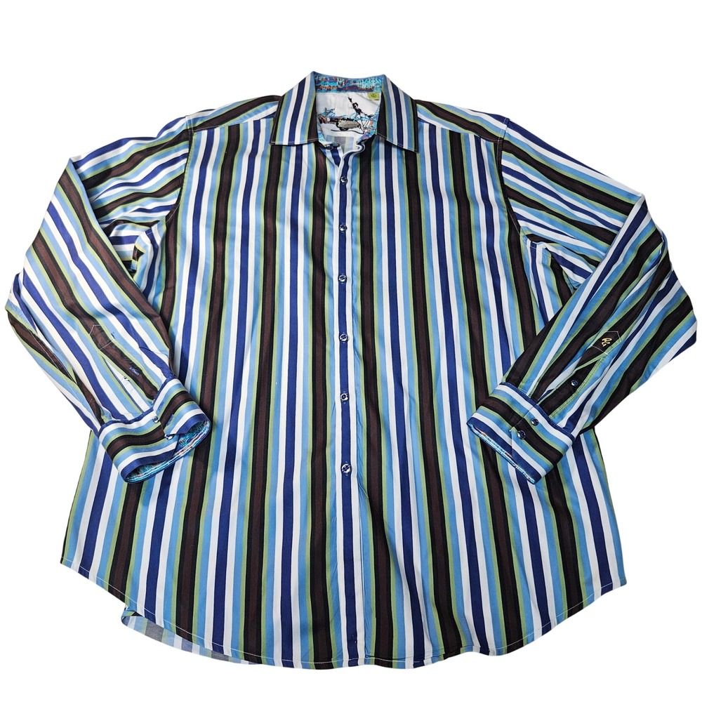 Robert Graham Mens 2XL Classic Fit Striped Button Down Shirt Blue Green Brown